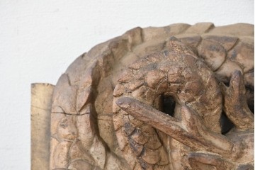 明治大正期　木彫刻　迫力のある双龍(阿形・吽形)を象った仏閣の壁掛けオブジェ　(R-086789)