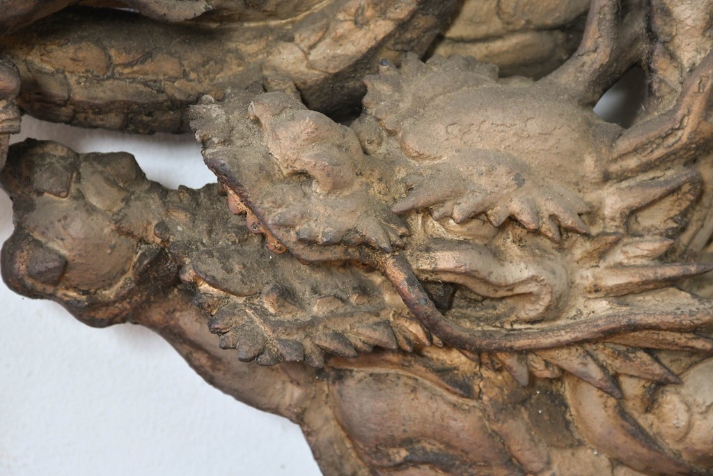 明治大正期　木彫刻　迫力のある双龍(阿形・吽形)を象った仏閣の壁掛けオブジェ　(R-086789)