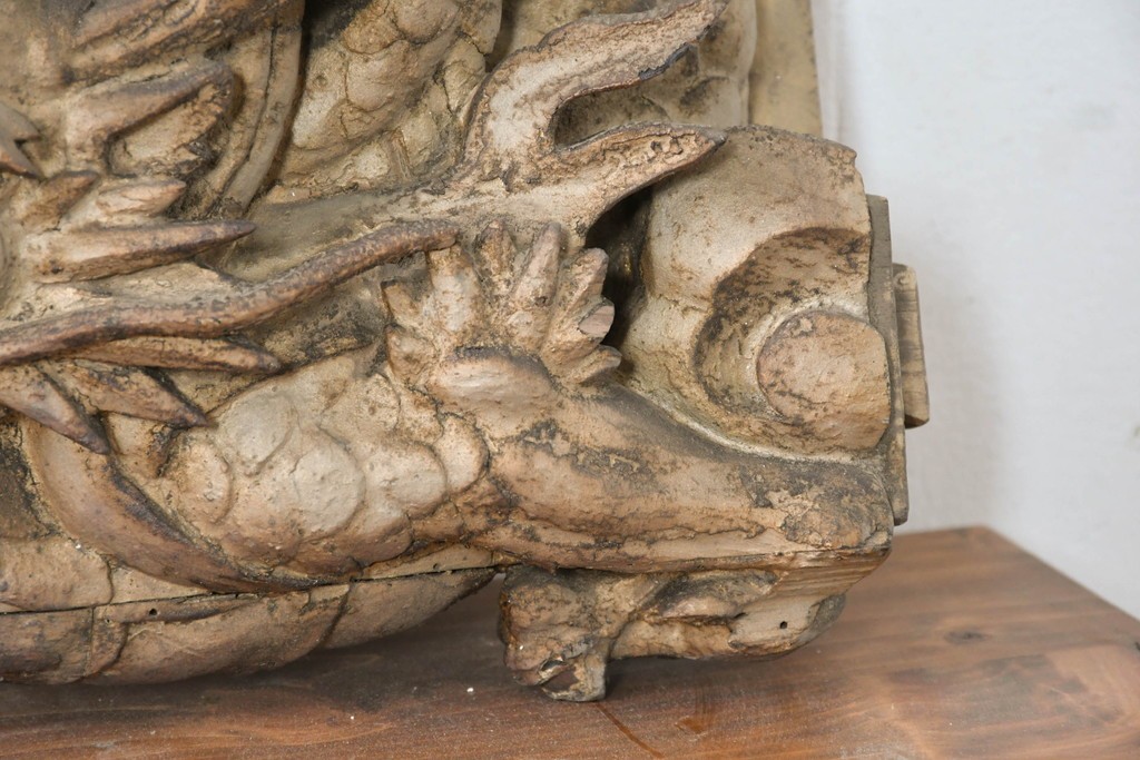 明治大正期　木彫刻　迫力のある双龍(阿形・吽形)を象った仏閣の壁掛けオブジェ　(R-086789)