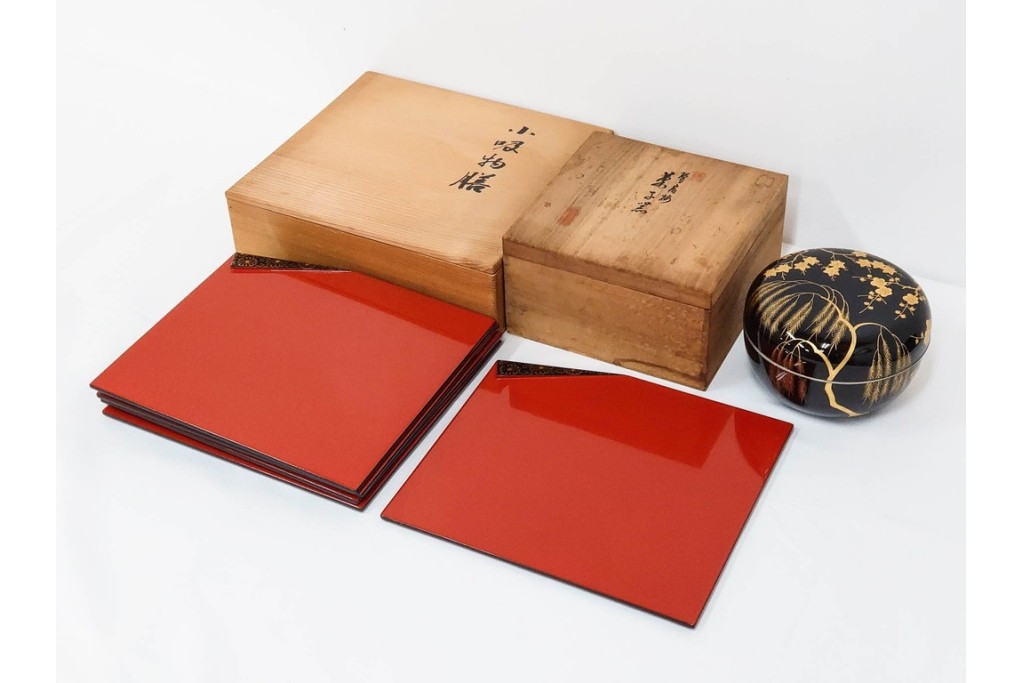 製　和田瑾斎作 鶯宿梅文の蒔絵が美しい菓子器・平安象彦作 雅な小吸物膳5点のセット　共箱付き　(R-086793)