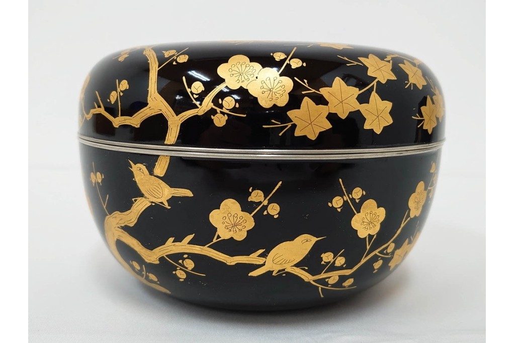 製　和田瑾斎作 鶯宿梅文の蒔絵が美しい菓子器・平安象彦作 雅な小吸物膳5点のセット　共箱付き　(R-086793)