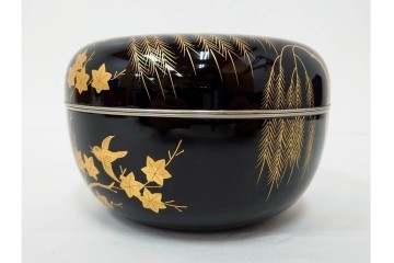 製　和田瑾斎作 鶯宿梅文の蒔絵が美しい菓子器・平安象彦作 雅な小吸物膳5点のセット　共箱付き　(R-086793)