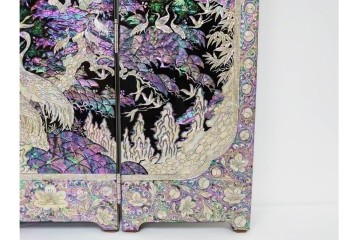 韓国　朴鎬仁作　螺鈿細工の鶴図と漢詩のデザインが見事な屏風　外箱付き　(R-086794)