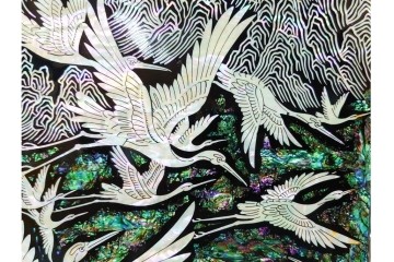 韓国　朴鎬仁作　螺鈿細工の鶴図と漢詩のデザインが見事な屏風　外箱付き　(R-086794)