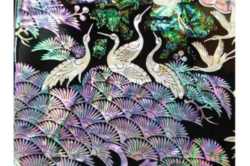 韓国　朴鎬仁作　螺鈿細工の鶴図と漢詩のデザインが見事な屏風　外箱付き　(R-086794)