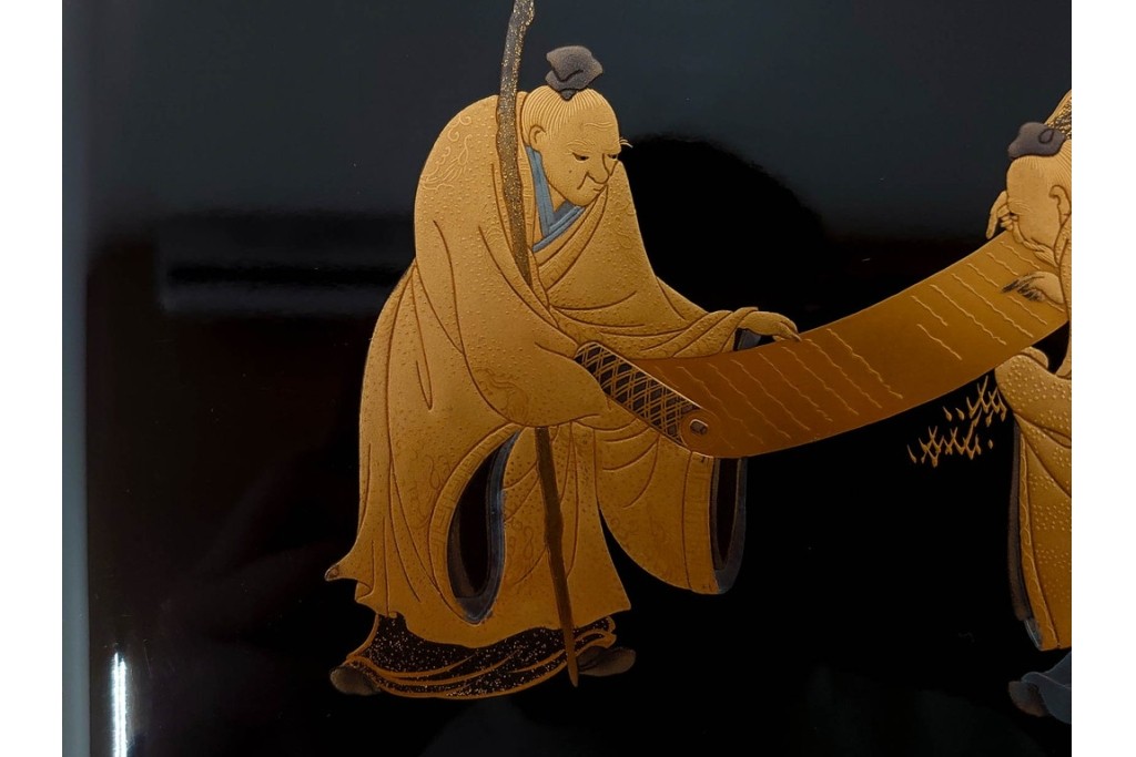 内梨地　蒔絵で描かれた竹林七賢人図が上品な硯箱　雨端硯付き　(R-086795)