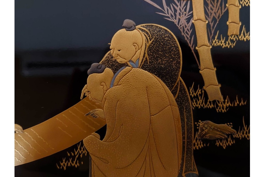 内梨地　蒔絵で描かれた竹林七賢人図が上品な硯箱　雨端硯付き　(R-086795)