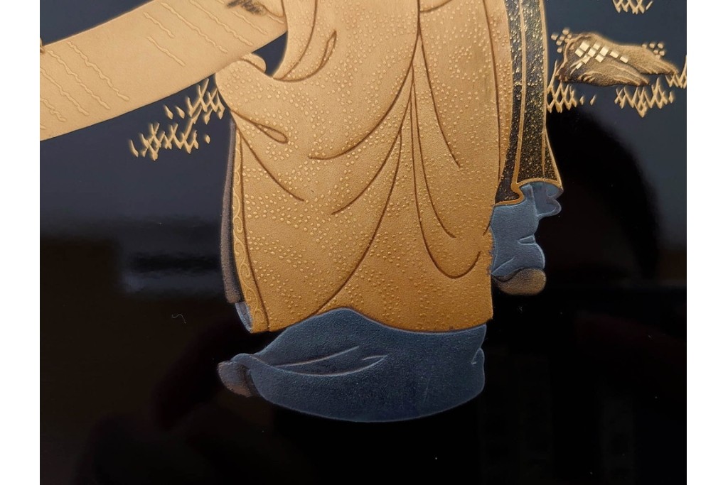 内梨地　蒔絵で描かれた竹林七賢人図が上品な硯箱　雨端硯付き　(R-086795)