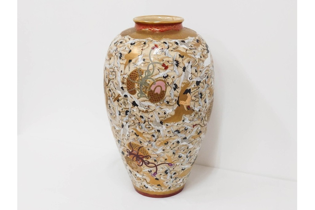 薩摩焼　金襴手　高さ約65cm　豪華絢爛な群鶴図の花瓶　(R-086804)