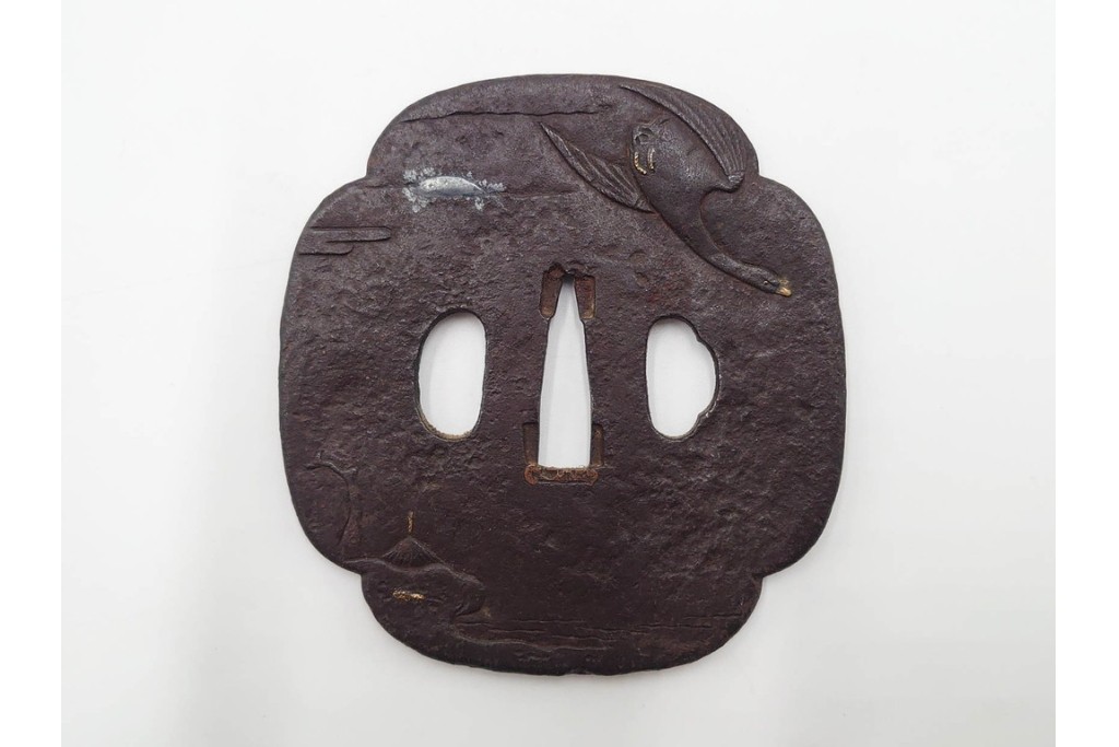 時代武具　鉄地　金銀象嵌　木瓜形(鶴)・竪丸形(魚に貝)・竪丸形の鍔3点セット　(R-086815)