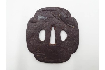 時代武具　鉄地　金銀象嵌　木瓜形(鶴)・竪丸形(魚に貝)・竪丸形の鍔3点セット　(R-086815)