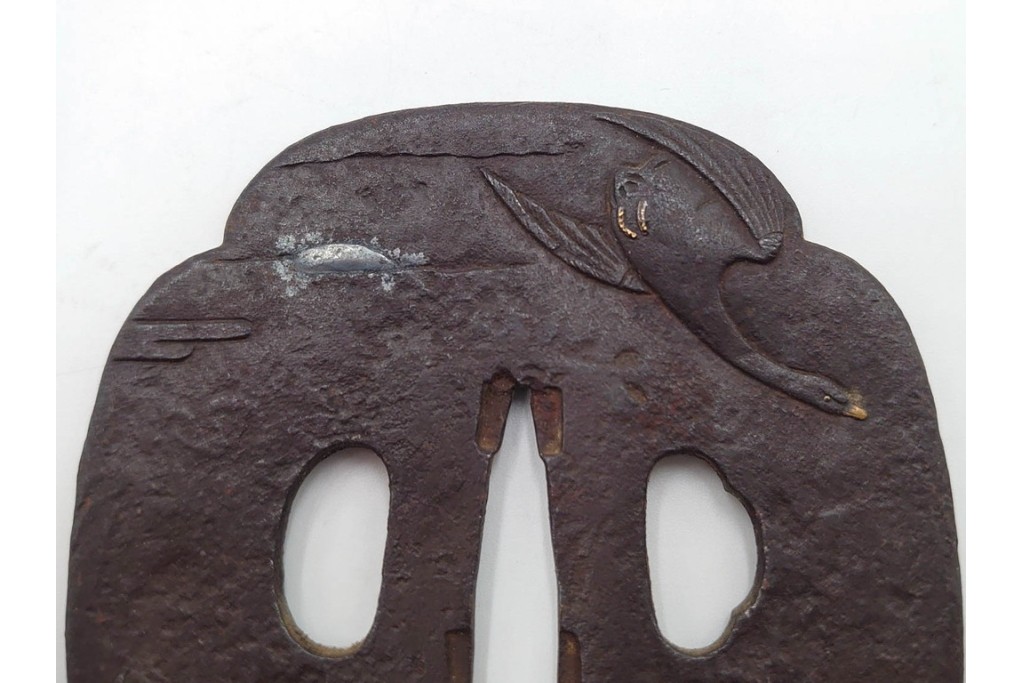 時代武具　鉄地　金銀象嵌　木瓜形(鶴)・竪丸形(魚に貝)・竪丸形の鍔3点セット　(R-086815)