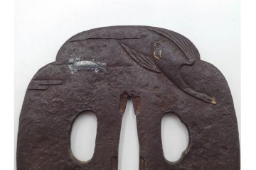 時代武具　鉄地　金銀象嵌　木瓜形(鶴)・竪丸形(魚に貝)・竪丸形の鍔3点セット　(R-086815)