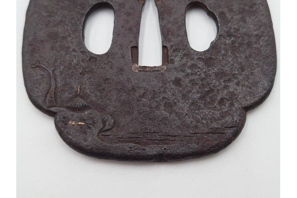 時代武具　鉄地　金銀象嵌　木瓜形(鶴)・竪丸形(魚に貝)・竪丸形の鍔3点セット　(R-086815)