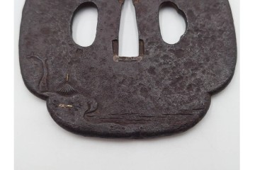 時代武具　鉄地　金銀象嵌　木瓜形(鶴)・竪丸形(魚に貝)・竪丸形の鍔3点セット　(R-086815)