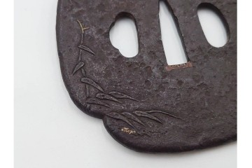 時代武具　鉄地　金銀象嵌　木瓜形(鶴)・竪丸形(魚に貝)・竪丸形の鍔3点セット　(R-086815)