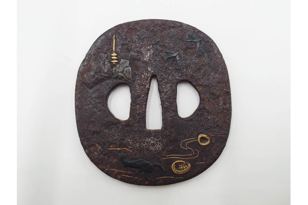 時代武具　鉄地　金銀象嵌　木瓜形(鶴)・竪丸形(魚に貝)・竪丸形の鍔3点セット　(R-086815)
