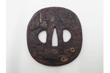 時代武具　鉄地　金銀象嵌　木瓜形(鶴)・竪丸形(魚に貝)・竪丸形の鍔3点セット　(R-086815)