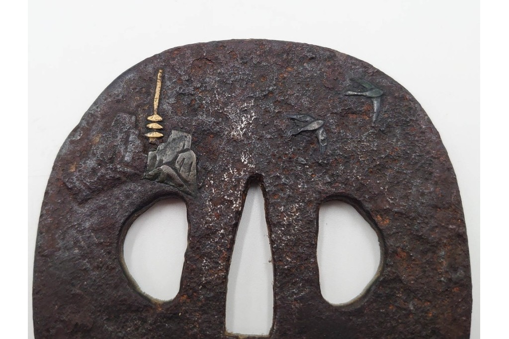 時代武具　鉄地　金銀象嵌　木瓜形(鶴)・竪丸形(魚に貝)・竪丸形の鍔3点セット　(R-086815)