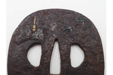 時代武具　鉄地　金銀象嵌　木瓜形(鶴)・竪丸形(魚に貝)・竪丸形の鍔3点セット　(R-086815)