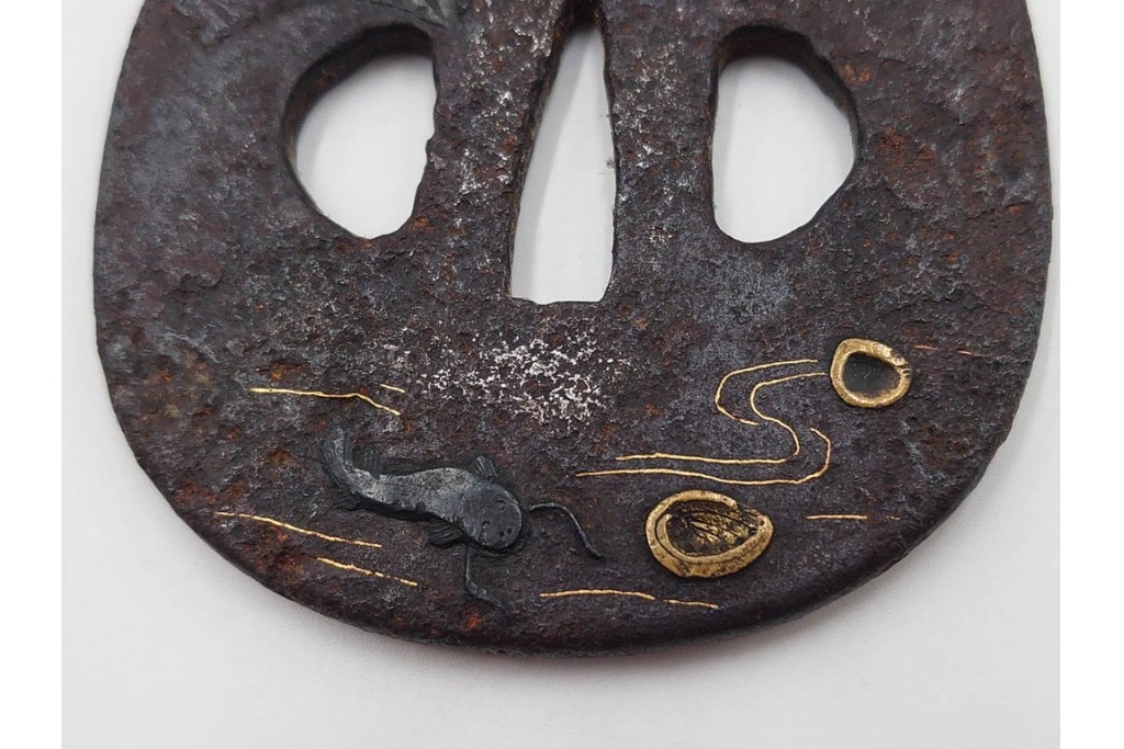 時代武具　鉄地　金銀象嵌　木瓜形(鶴)・竪丸形(魚に貝)・竪丸形の鍔3点セット　(R-086815)