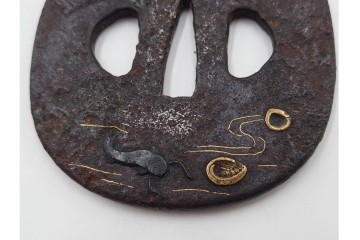 時代武具　鉄地　金銀象嵌　木瓜形(鶴)・竪丸形(魚に貝)・竪丸形の鍔3点セット　(R-086815)