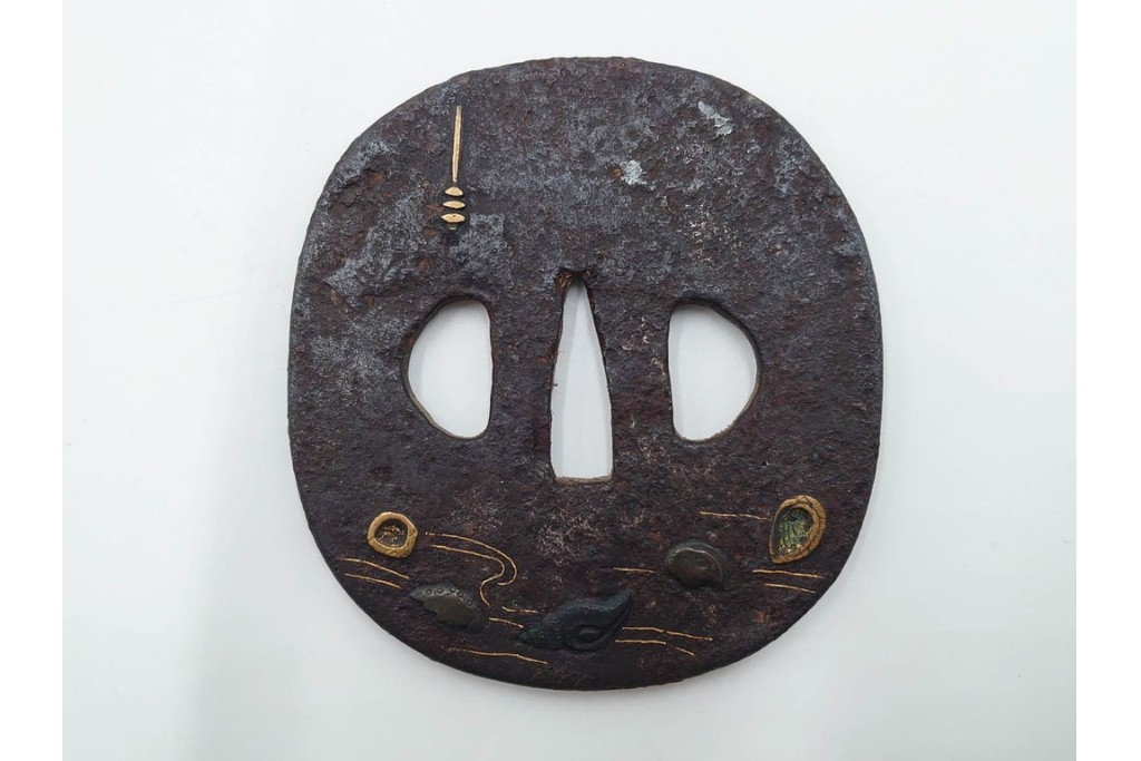 時代武具　鉄地　金銀象嵌　木瓜形(鶴)・竪丸形(魚に貝)・竪丸形の鍔3点セット　(R-086815)