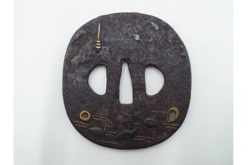時代武具　鉄地　金銀象嵌　木瓜形(鶴)・竪丸形(魚に貝)・竪丸形の鍔3点セット　(R-086815)