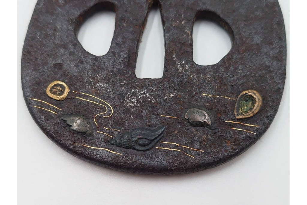 時代武具　鉄地　金銀象嵌　木瓜形(鶴)・竪丸形(魚に貝)・竪丸形の鍔3点セット　(R-086815)