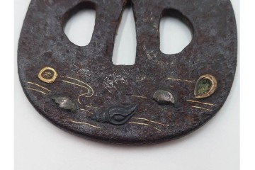 時代武具　鉄地　金銀象嵌　木瓜形(鶴)・竪丸形(魚に貝)・竪丸形の鍔3点セット　(R-086815)