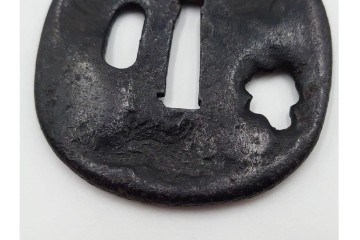 時代武具　鉄地　金銀象嵌　木瓜形(鶴)・竪丸形(魚に貝)・竪丸形の鍔3点セット　(R-086815)