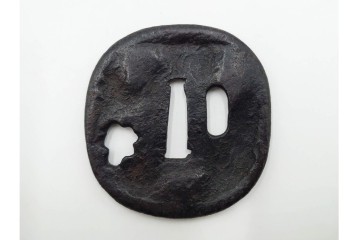 時代武具　鉄地　金銀象嵌　木瓜形(鶴)・竪丸形(魚に貝)・竪丸形の鍔3点セット　(R-086815)