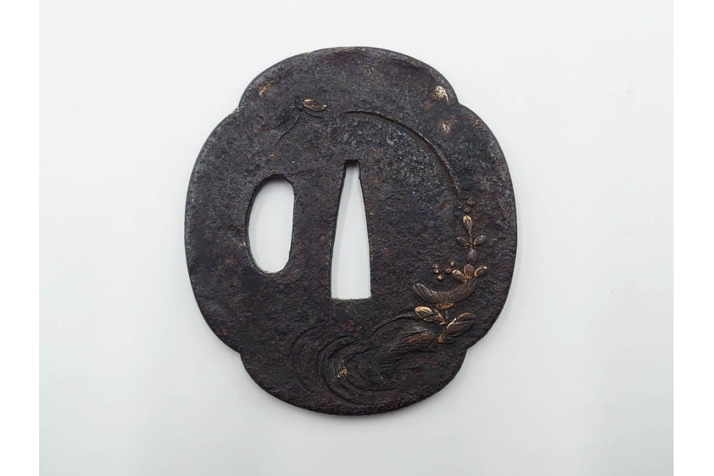 時代武具　鉄地・金象嵌　丸形(双馬・草花)・木瓜形(花蝶)の鍔3点セット　(R-086816)