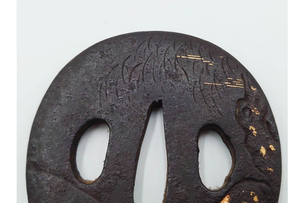 時代武具　鉄地・金象嵌　丸形(双馬・草花)・木瓜形(花蝶)の鍔3点セット　(R-086816)