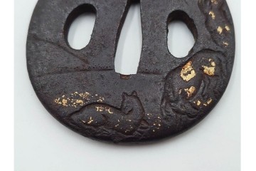 時代武具　鉄地・金象嵌　丸形(双馬・草花)・木瓜形(花蝶)の鍔3点セット　(R-086816)