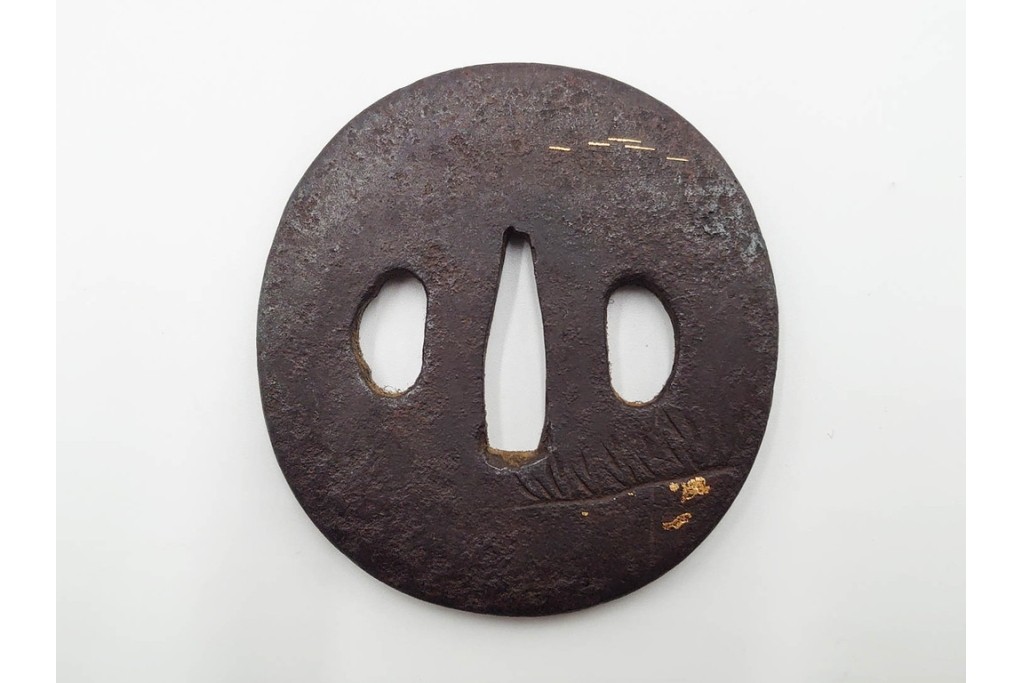 時代武具　鉄地・金象嵌　丸形(双馬・草花)・木瓜形(花蝶)の鍔3点セット　(R-086816)