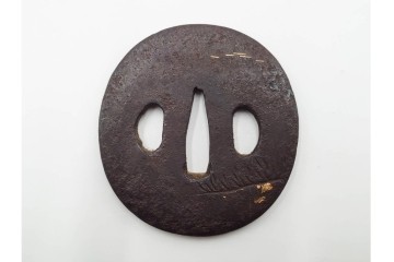 時代武具　鉄地・金象嵌　丸形(双馬・草花)・木瓜形(花蝶)の鍔3点セット　(R-086816)