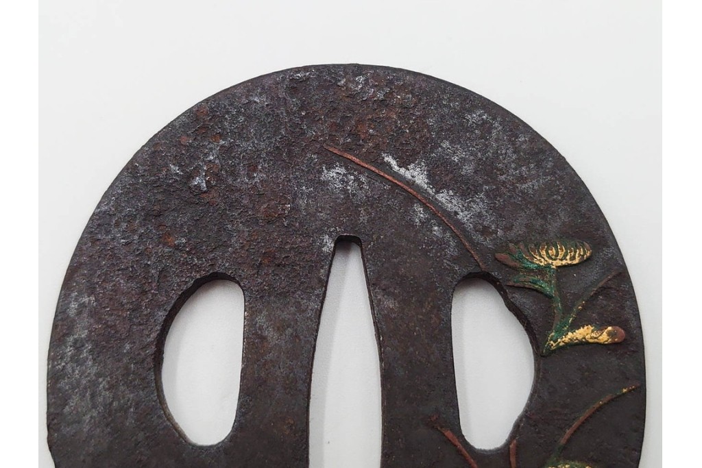 時代武具　鉄地・金象嵌　丸形(双馬・草花)・木瓜形(花蝶)の鍔3点セット　(R-086816)