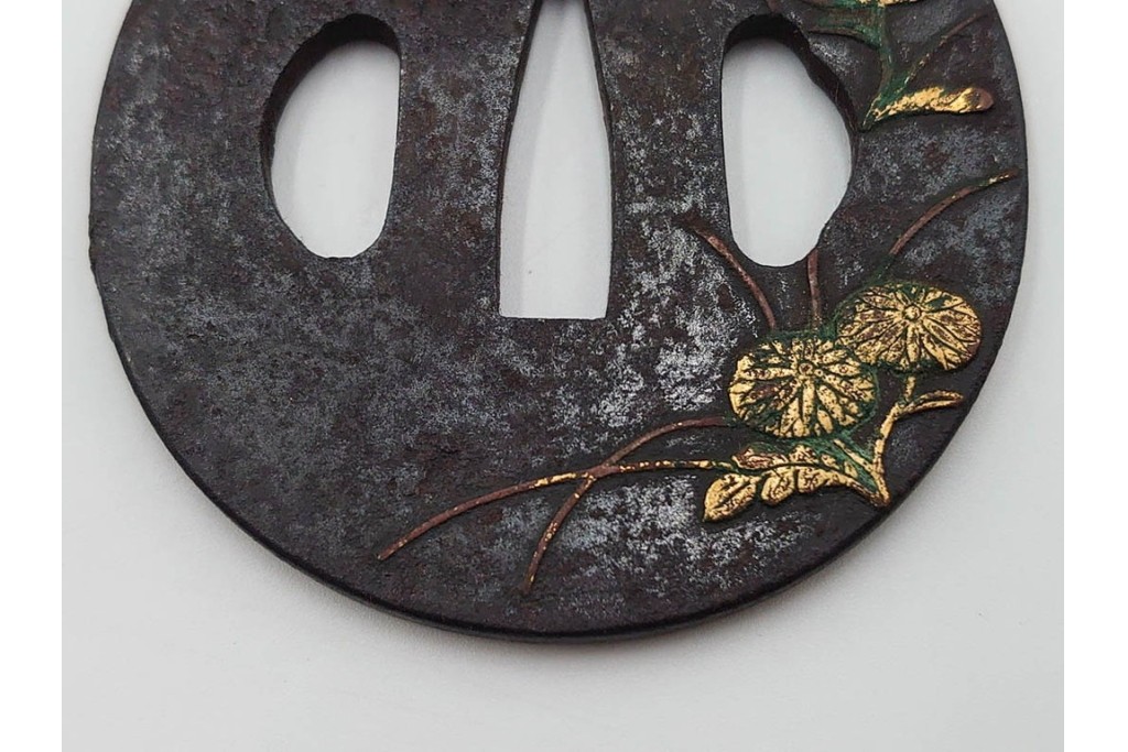 時代武具　鉄地・金象嵌　丸形(双馬・草花)・木瓜形(花蝶)の鍔3点セット　(R-086816)