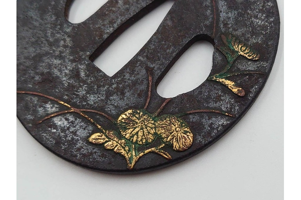 時代武具　鉄地・金象嵌　丸形(双馬・草花)・木瓜形(花蝶)の鍔3点セット　(R-086816)