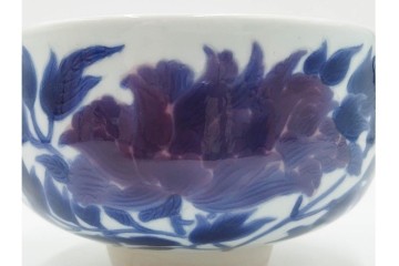 島田文雄作　上品な彩磁牡丹文の茶碗　共箱付き　(R-086821)