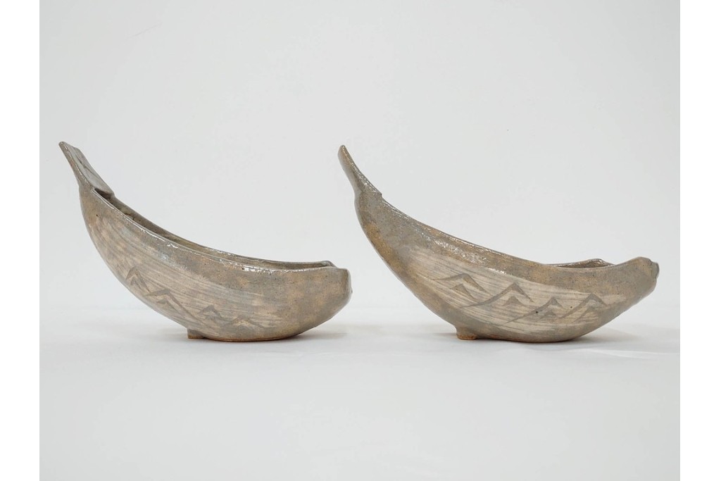 九代 長岡住右衛門(長岡空味)作　楽山焼　そりこ船形の向付5点セット　共箱付き　(R-086822)