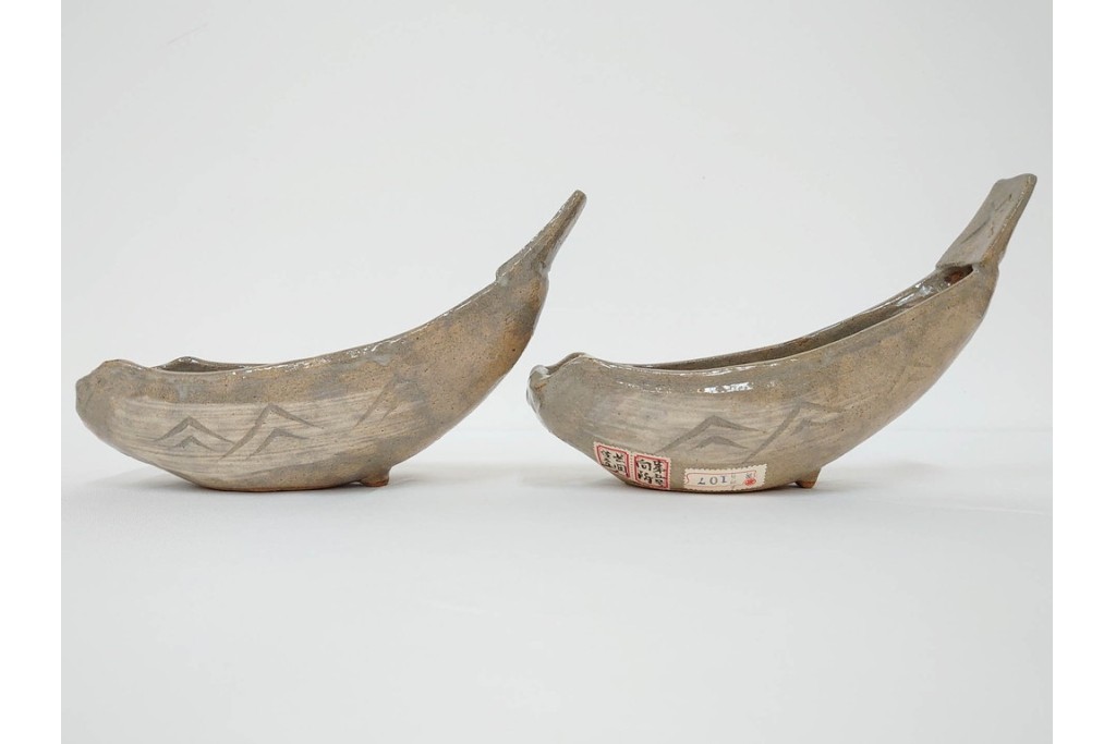 九代 長岡住右衛門(長岡空味)作　楽山焼　そりこ船形の向付5点セット　共箱付き　(R-086822)