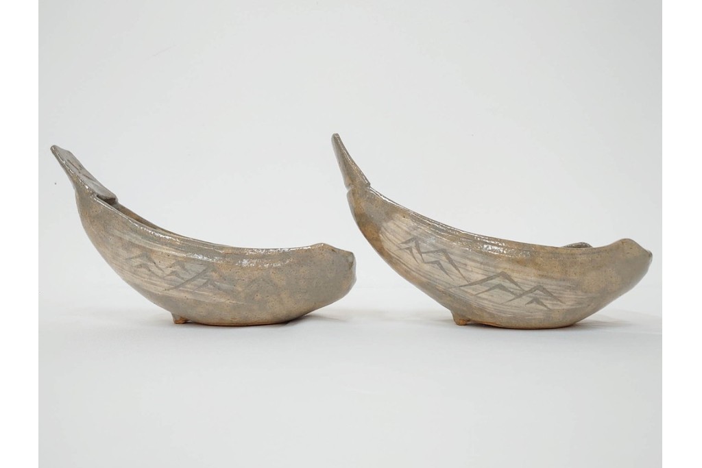 九代 長岡住右衛門(長岡空味)作　楽山焼　そりこ船形の向付5点セット　共箱付き　(R-086822)