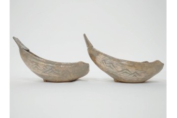 九代 長岡住右衛門(長岡空味)作　楽山焼　そりこ船形の向付5点セット　共箱付き　(R-086822)