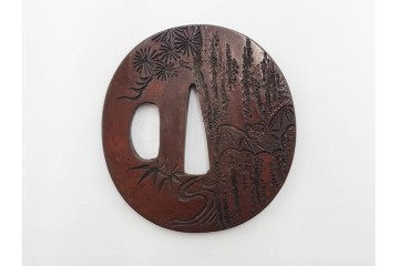 時代武具　「東都序之」在銘 茄子透かし・丸形(蝙蝠)・隅入角形(透かし)の鍔3点セット　外箱付き　(R-086827)