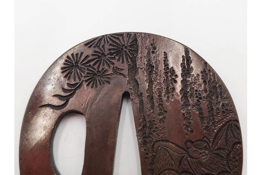 時代武具　「東都序之」在銘 茄子透かし・丸形(蝙蝠)・隅入角形(透かし)の鍔3点セット　外箱付き　(R-086827)