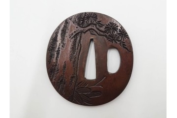 時代武具　「東都序之」在銘 茄子透かし・丸形(蝙蝠)・隅入角形(透かし)の鍔3点セット　外箱付き　(R-086827)