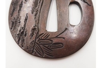 時代武具　「東都序之」在銘 茄子透かし・丸形(蝙蝠)・隅入角形(透かし)の鍔3点セット　外箱付き　(R-086827)