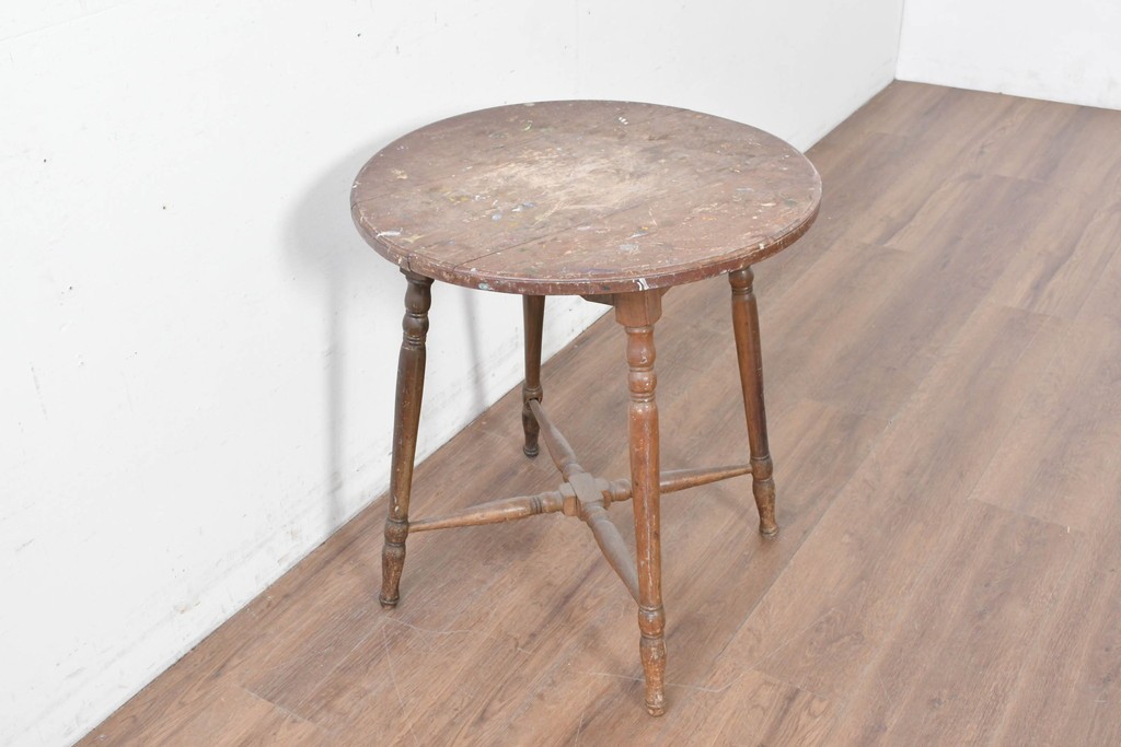 和製アンティーク　希少デザイン　栓材　挽物脚と十字の貫がアクセントの丸テーブル　(R-086837)